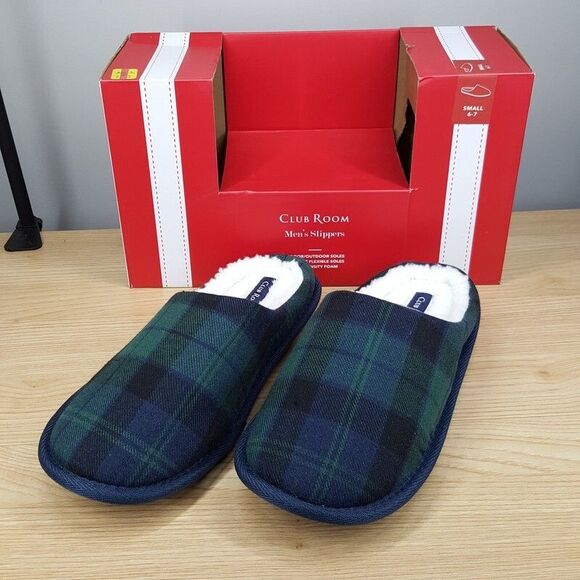 CLUB ROOM Mens Slippers Size 6 - 7 Blue Green Tartan Plaid Plush Lined Comfort - Picture 1 of 7